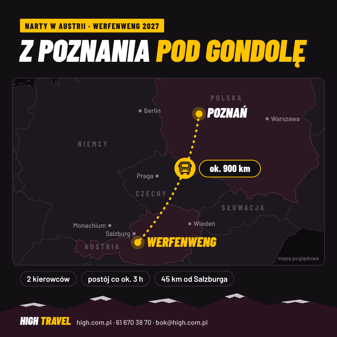 Mapa dojazdu: wyjazd na narty z Poznania do Werfenweng w Austrii, ok. 900 km autokarem