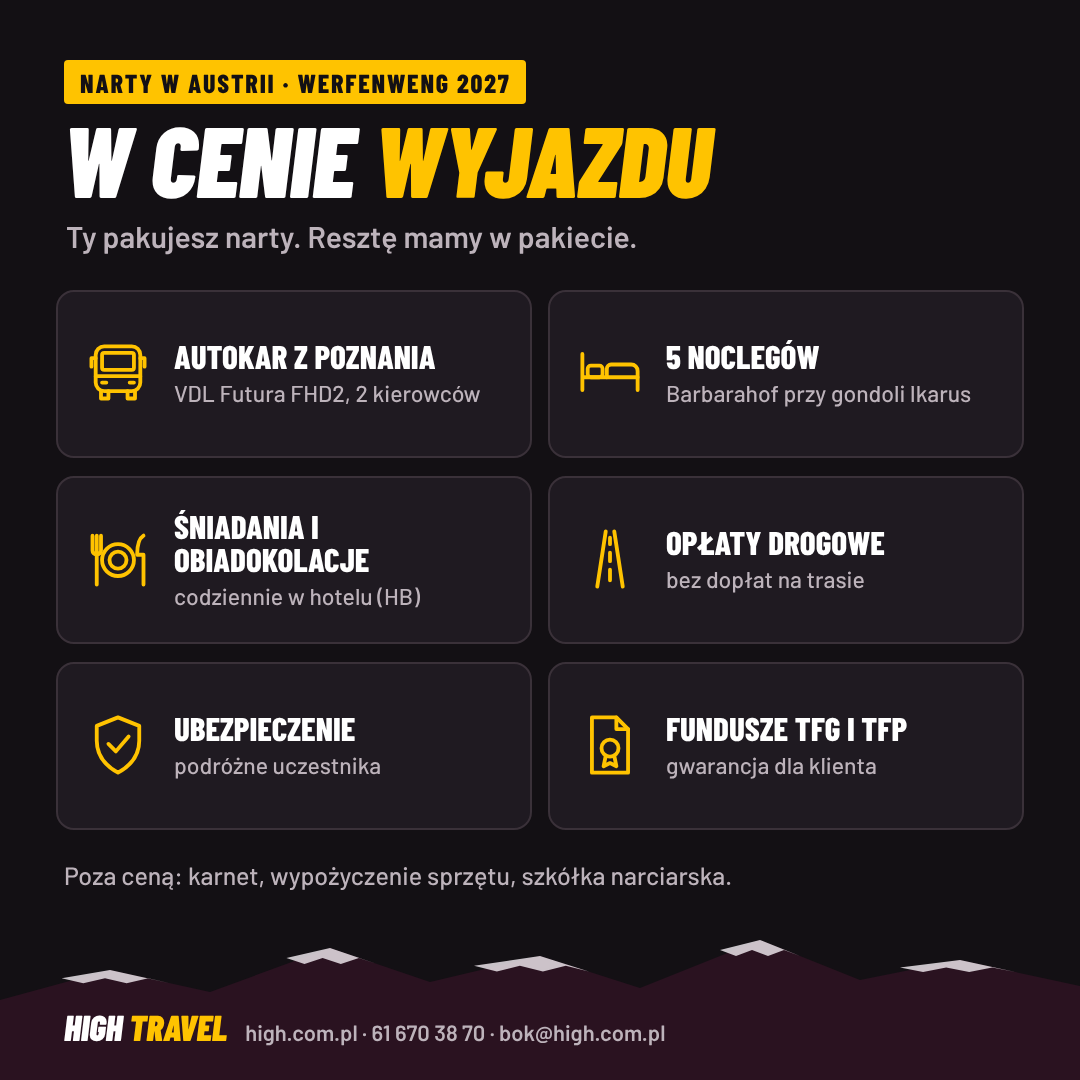 Cena wyjazdu na narty do Austrii obejmuje autokar z Poznania, 5 noclegów, śniadania i obiadokolacje, opłaty drogowe, ubezpieczenie oraz TFG i TFP